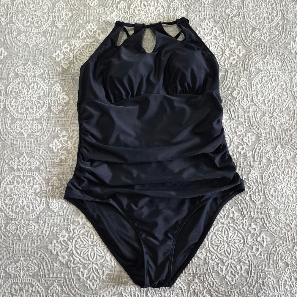 Cupshe Womens XL Black Ruched High Neck One Piece Swimsuit ADL5026A Cutout New